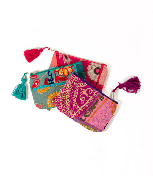 Color Splash Embroidered Coin Purse with Tassel - Assorted