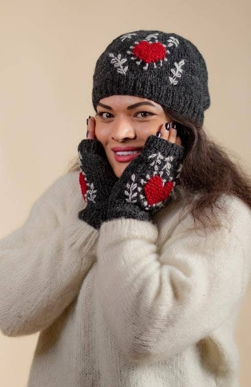 Wool Knit Hat w/Heart Design, fleece lined