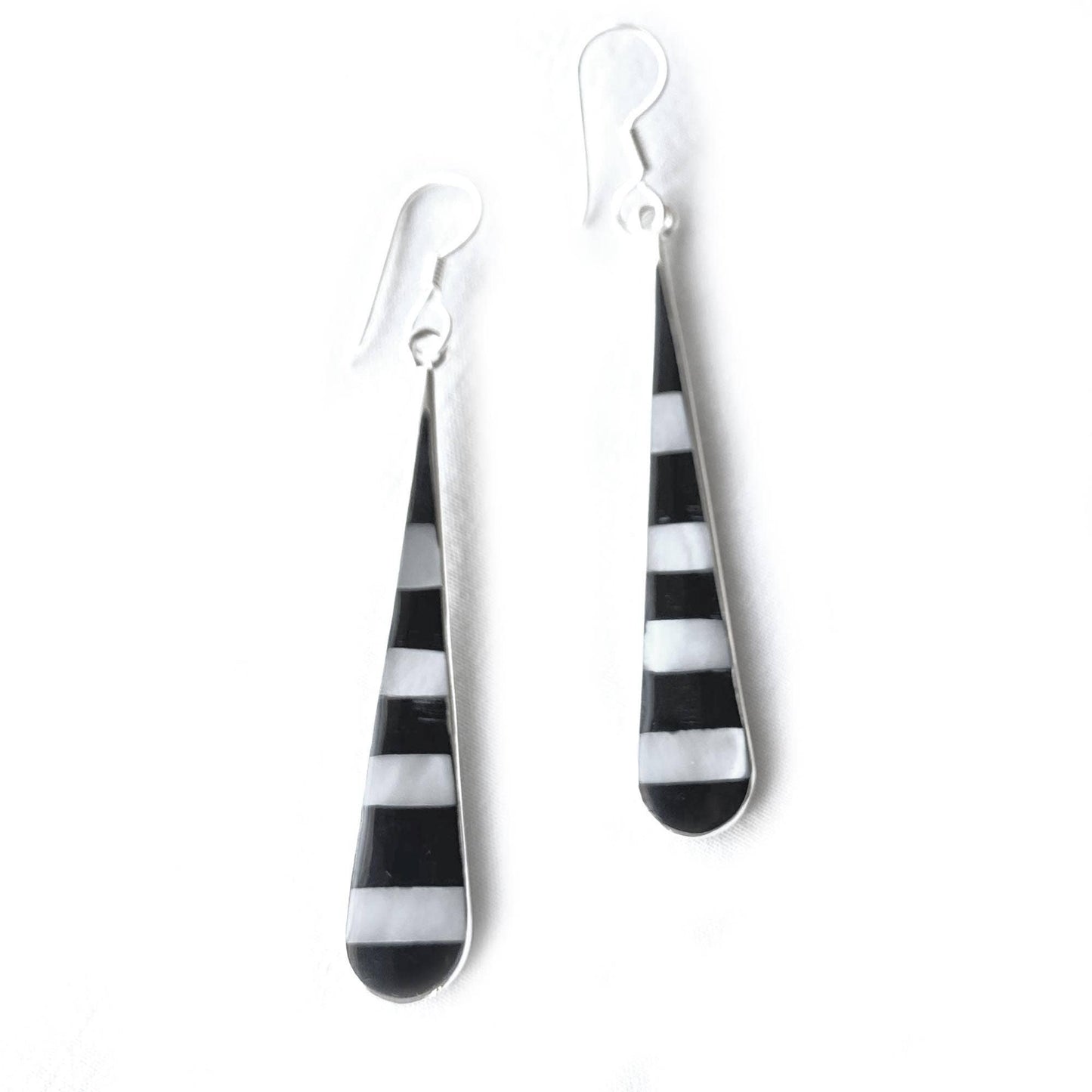 Taxco Silver Black Onyz & Abalone Zebra Teardrop Earrings