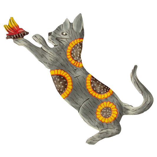 Playful Kitty Painted Sunflowers Haitian Steel Drum, 13 inch