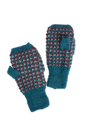 Gloves Fingerless Flip Over Wool Teal/Ma