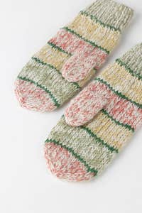 Mittens striped wool/cotton green/red/yellow/white