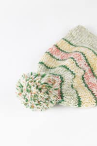 Hat striped w/pompom wool/cotton grn/red/yel/wht