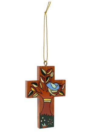 Ornament Cross W/Bluebird M/3 Wood 3.25H
