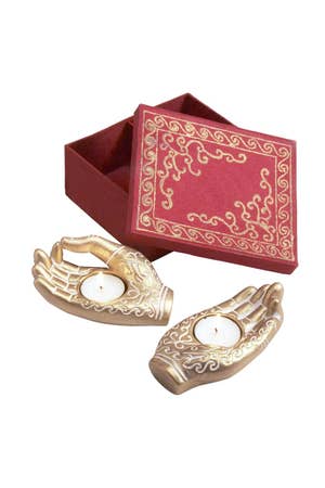 Candleholder Hands S/2 W/Box Red/Gold