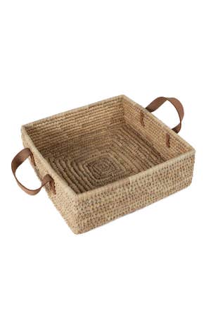 Basket W/Handles P-Leaf/Leather 11X11X4H Na