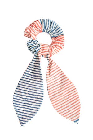 Hair Scrunchie W/Tie Stripes Cotton White/