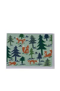 Card foxes/evergreen tree M/3 ppr 5x7 grn/rust/blu