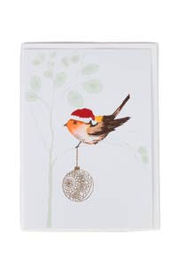 Card songbird w/Santa hat M/3 ppr 5x7 wht/brn/red