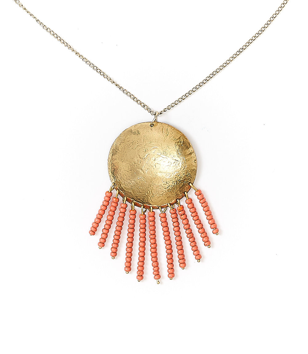 Chaya Drop Necklace with Hammered Coin Pendant and Coral Beaded Fringe