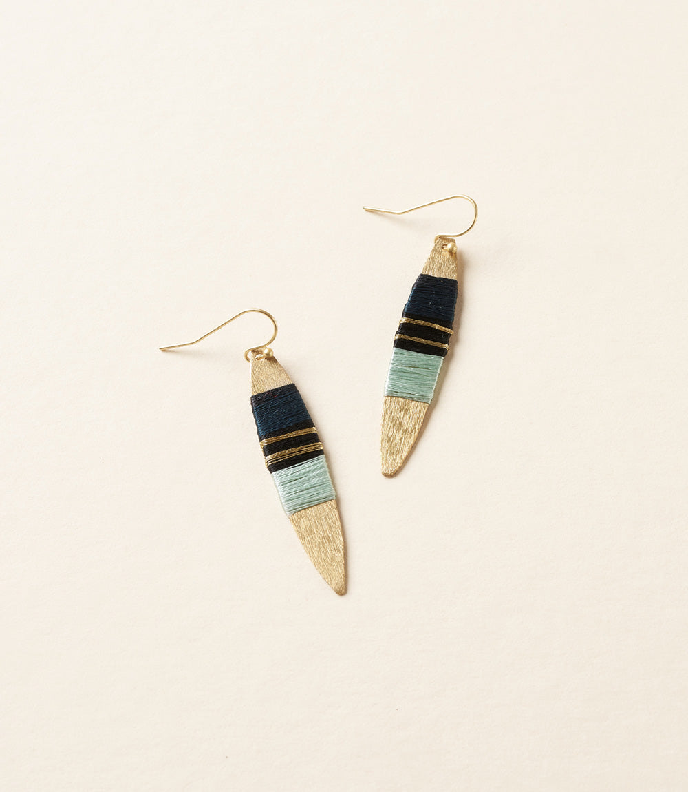 Kaia Gold Drop Earrings with Shades of Blue Thread Wrapped Surfboard Charm