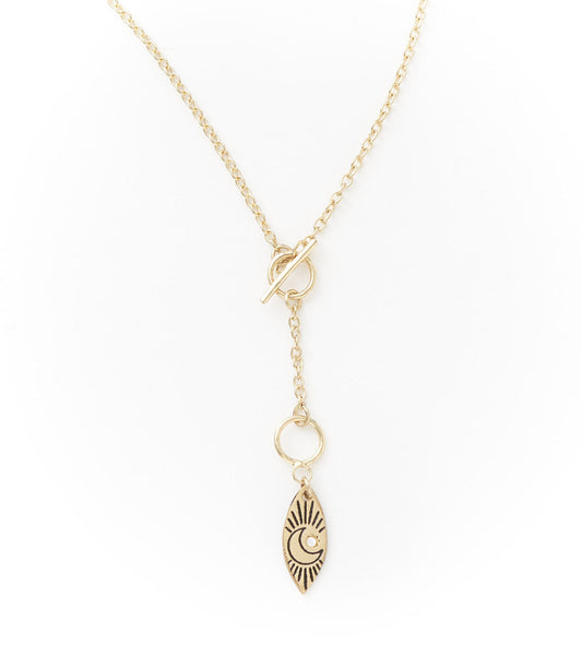 Ruchi Dainty Gold Drop Lariat Necklace With Etched Crescent Moon Charm