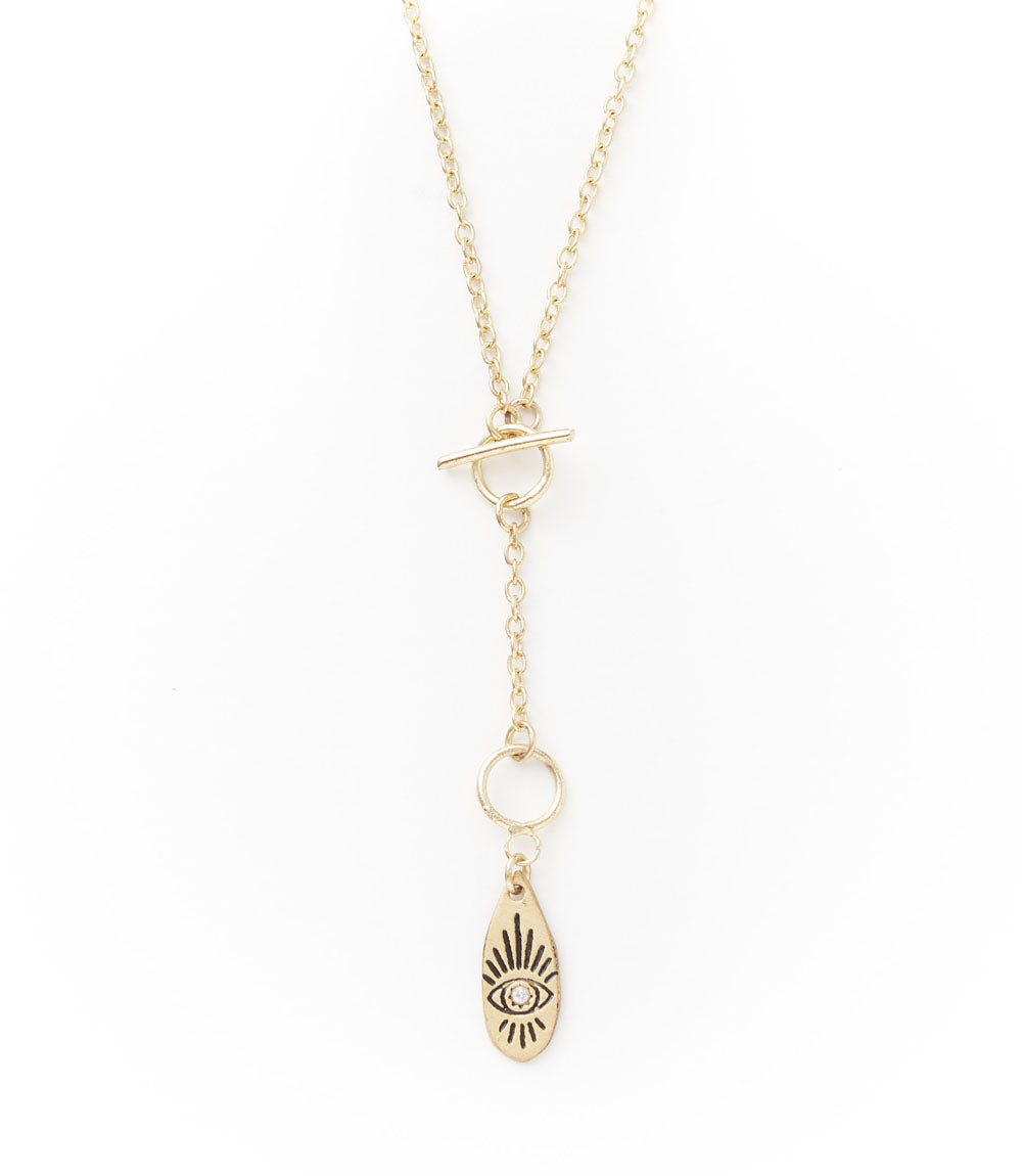 Ruchi Dainty Gold Drop Lariat Necklace With Etched Evil Eye Charm