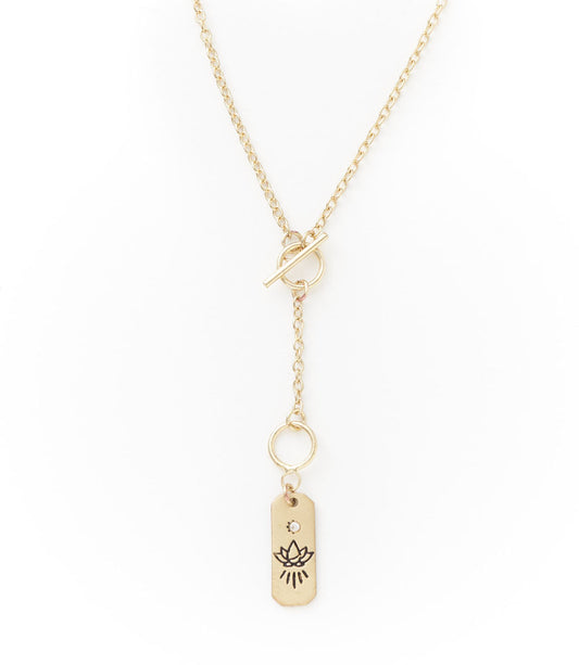 Ruchi Dainty Gold Drop Lariat Necklace With Etched Lotus Charm
