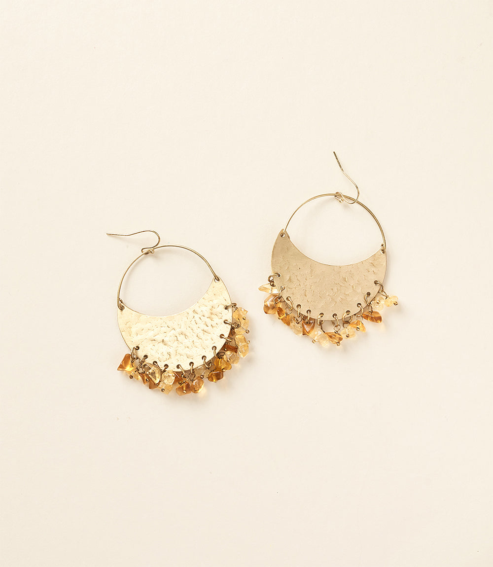 Ridhi Hoop Earrings with Citrine & Sunstone Shaky Crystal and Brass Disc
