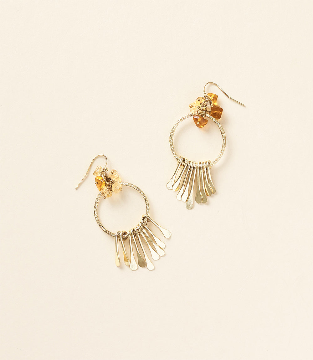 Ridhi Hoop Earrings with Citrine and Sunstone Crystals and Brass Fringe