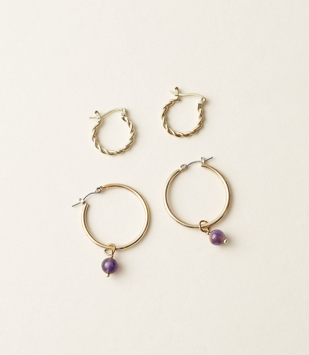 Jambumani Set of 2 Hoop Earrings with Amethyst Bead and Braided Brass