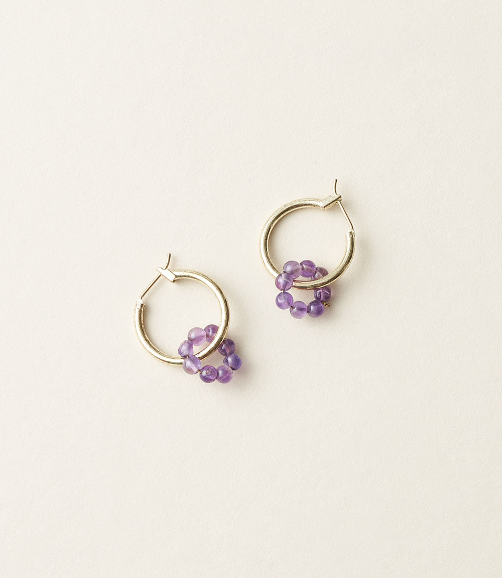 Jambumani Small Gold Hoop Earrings with Amethyst Crystal Beaded Ring