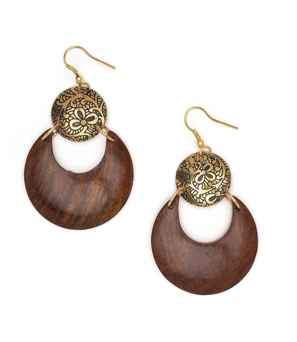 Earth and Fire Drop Earrings with Wooden Lunar Moon and Etched Brass Disc