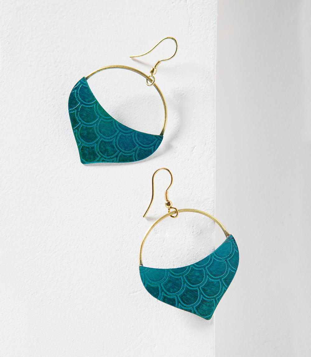Jaladhi Drop Earrings with Teal Mermaid Tail Scallop Design