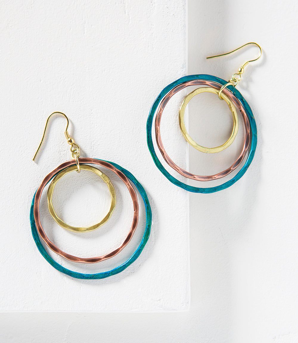 Vitana Drop Earrings with Teal, Copper and Gold Cascading Hoops