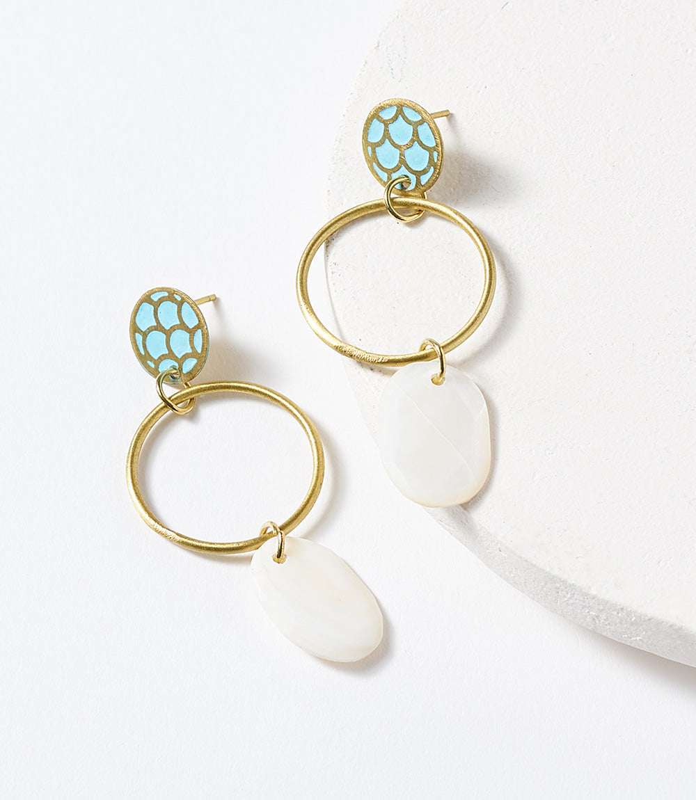 Dhavala Dangle Earrings with Gold Hoop and Turquoise and White Discs