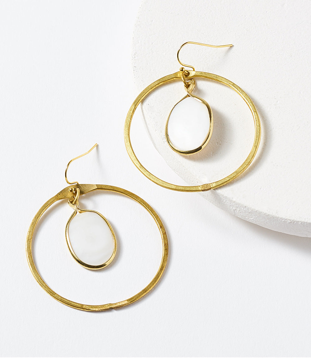 Dhavala Gold Hoop Earrings with Dangling White Disc