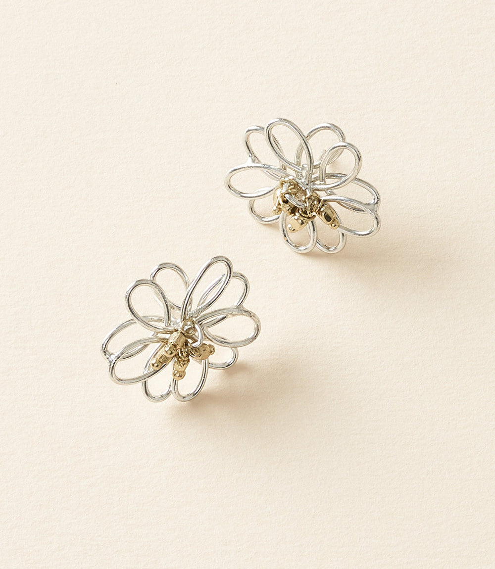 Kairavini Stud Earrings with Silver Lotus Flower and Gold Beads