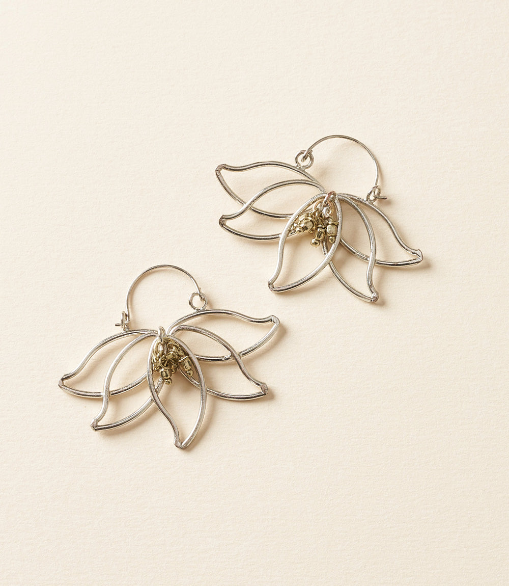 Kairavini Drop Earrings with Silver Lotus and Gold Beads