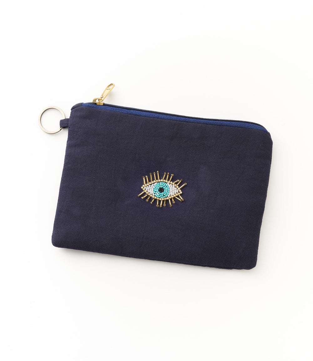 Bala Mani Zippered Pouch Bag with Beaded Evil Eye Motif - Blue