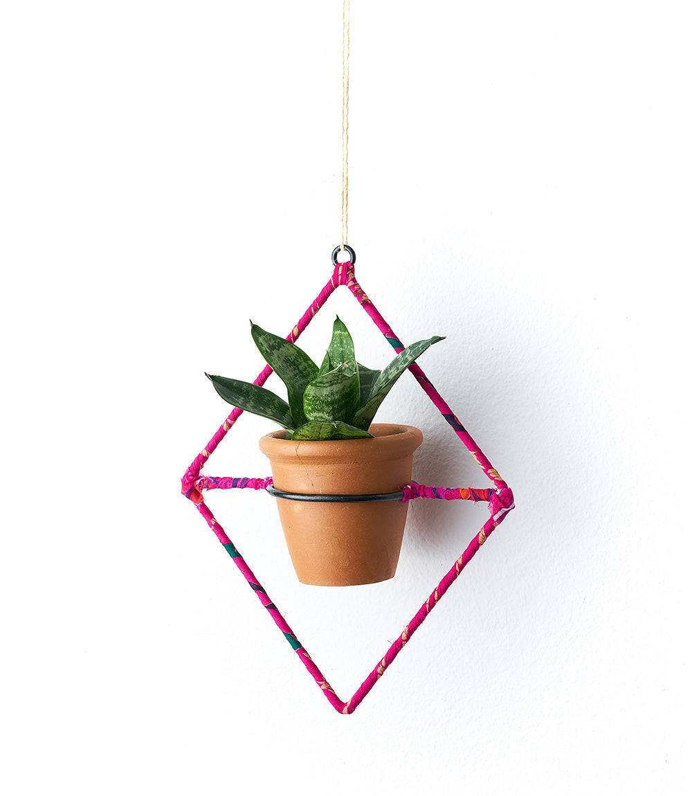 Upcycled Sari Wrapped Hanging Planter with Terracotta Plant Pot - Diamond