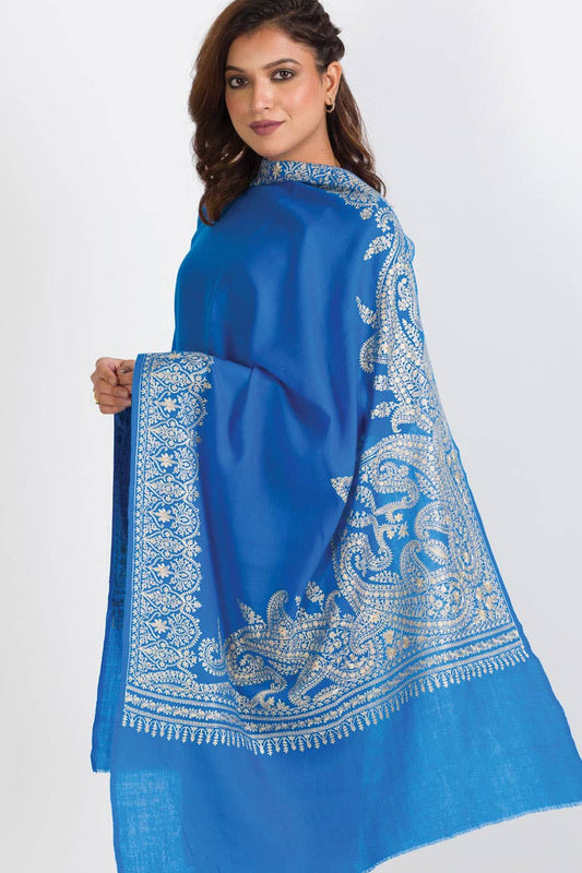 Geeta Embroidered Wool Shawl: Blue & Champagne