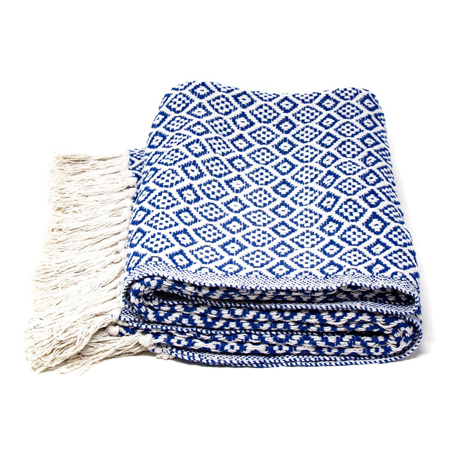 Recycled Cotton Decorative Throw with Tassels, Navy & White