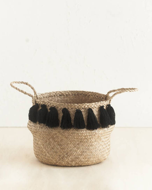 Tasseled Seagrass Belly Basket -  Black Medium